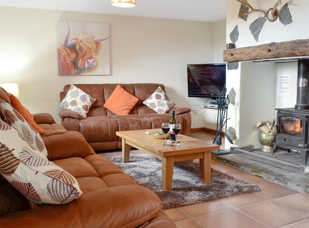 Warm, inviting living room with wood burner at Ty Hir in Arthog, Fairbourne, Gwynedd