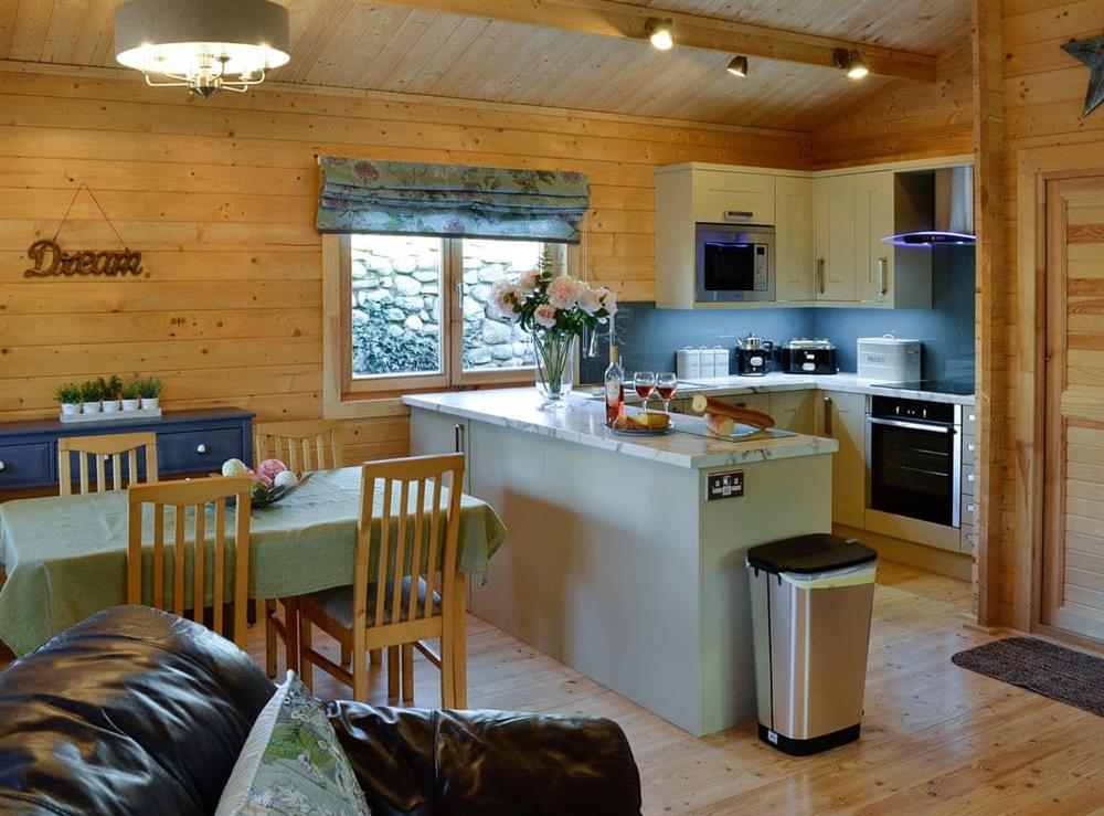 Open plan kitchen & dining area at Ty Pren in Dyffryn Ardudwy, near Barmouth, Gwynedd, Wales