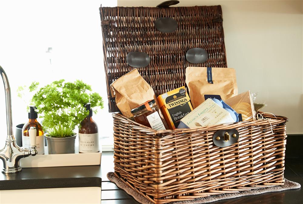 Welcome hamper with our compliments at Unconformity Barn, Hope Bowdler, near Church Stretton