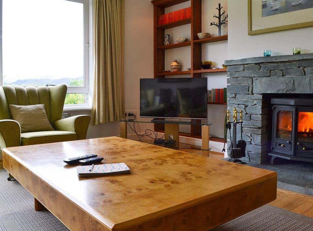 Comfortable lounge with wood burner and 40” Freeview smart TV at Unerigg in Grasmere, Cumbria