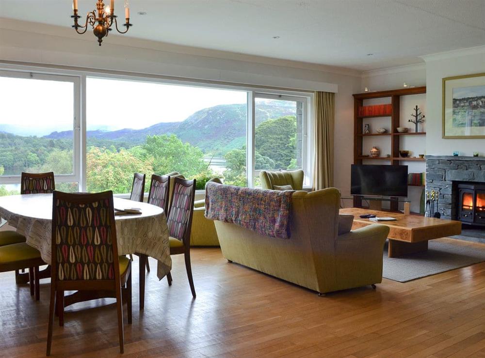 Spacious lounge and dining area with views over the lake and fells at Unerigg in Grasmere, Cumbria