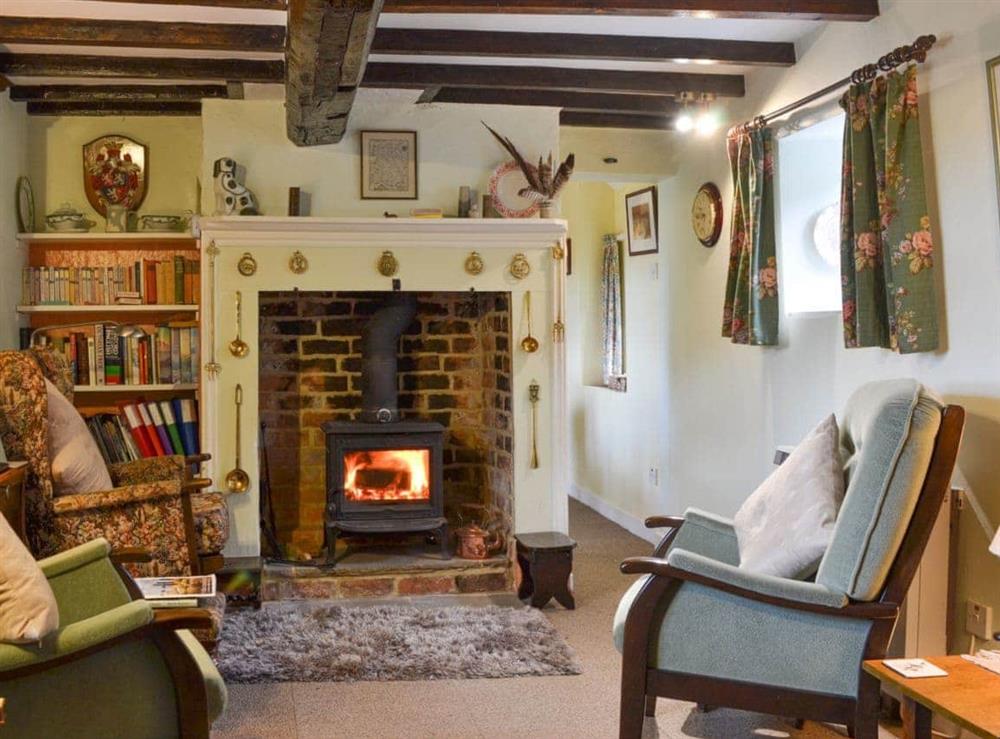 Cosy beamed living room at Upper Stanbatch Cottage in Wentnor, near Bishops Castle, Shropshire