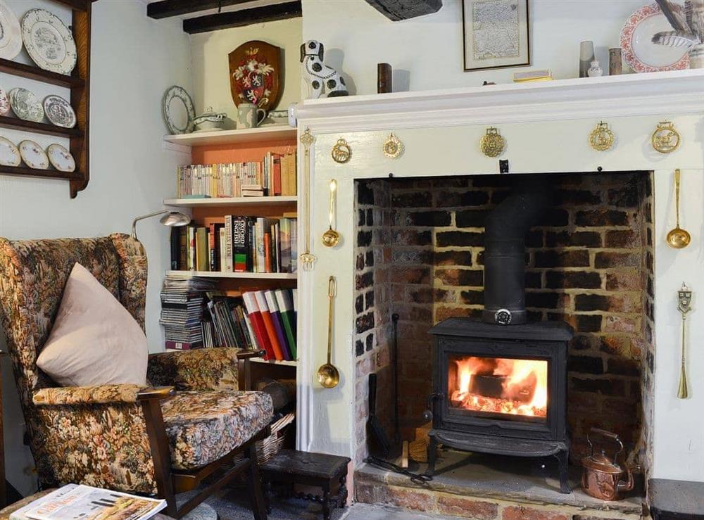Delightful living room with wood burning stove at Upper Stanbatch Cottage in Wentnor, near Bishops Castle, Shropshire
