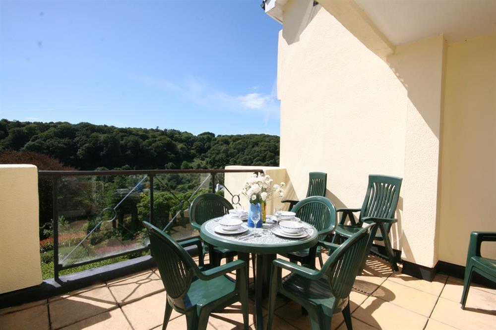 Balcony with views over North Sands valley at Valley View (Salcombe) in Sandhills Road, Salcombe