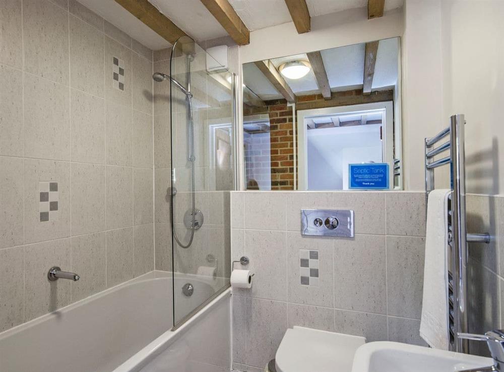 Bathroom with shower over bath at Valley View Barn in Bradbourne, near Ashbourne, Derbyshire