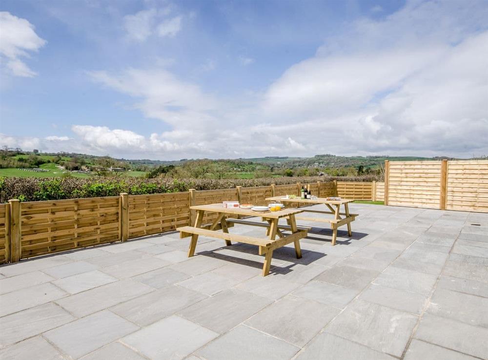 Seating area with stunning views at Valley View Barn in Bradbourne, near Ashbourne, Derbyshire