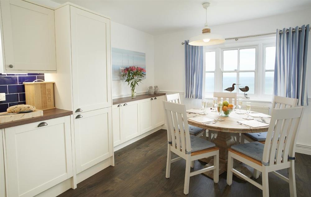 Kitchen with dining area which has sea views at Vanguard, Whitby Lighthouse