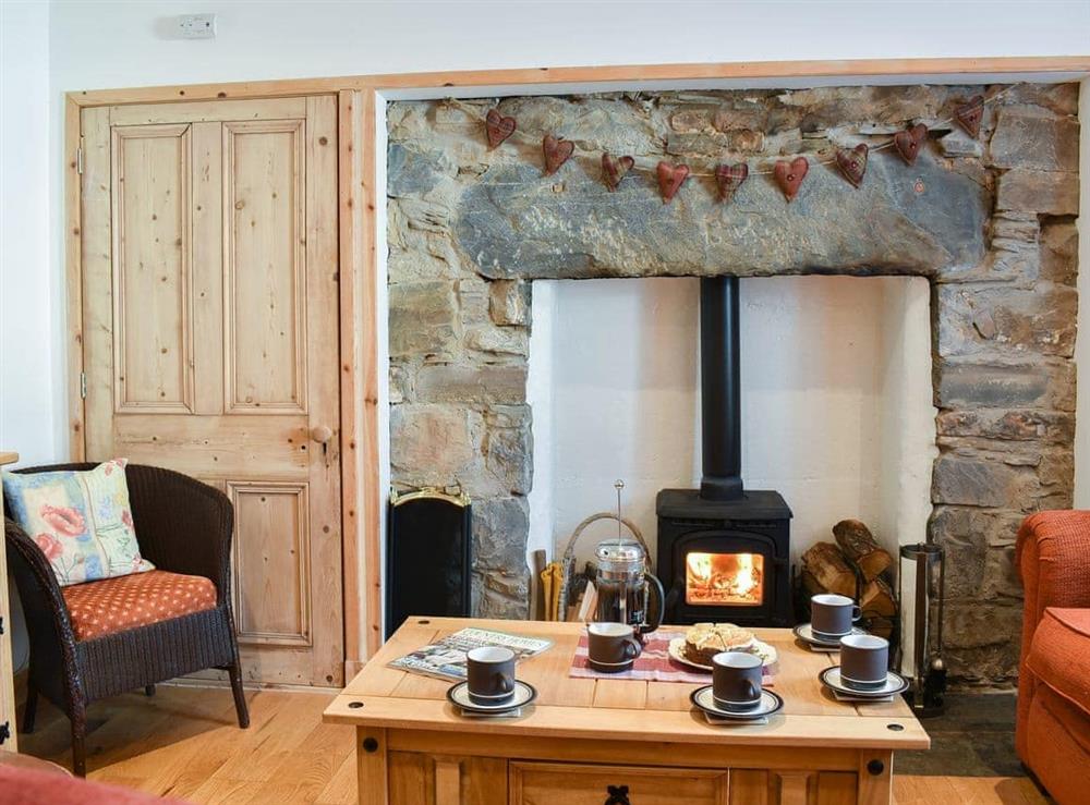 Living room with cosy wood burner at Viaduct View in Cullen, near Buckie, Highlands, Banffshire