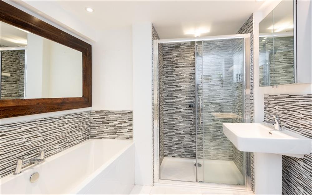 First Floor - Family Bathroom - Bath & Shower at Vicarage Cottage in Branscombe