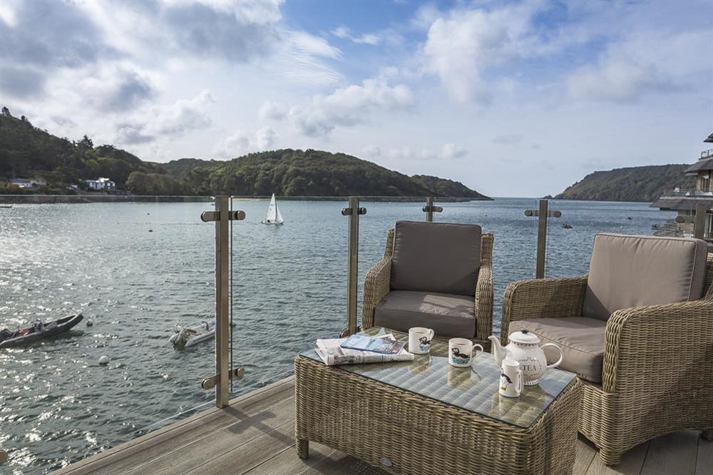 Furnished balcony overlooks the sandy beaches and enjoys views over the Salcombe bar out to sea at Villa 1, Estura in , Salcombe