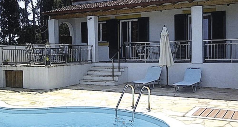 Swimming pool and some shade at Villa Calithea, Loggos, Paxos