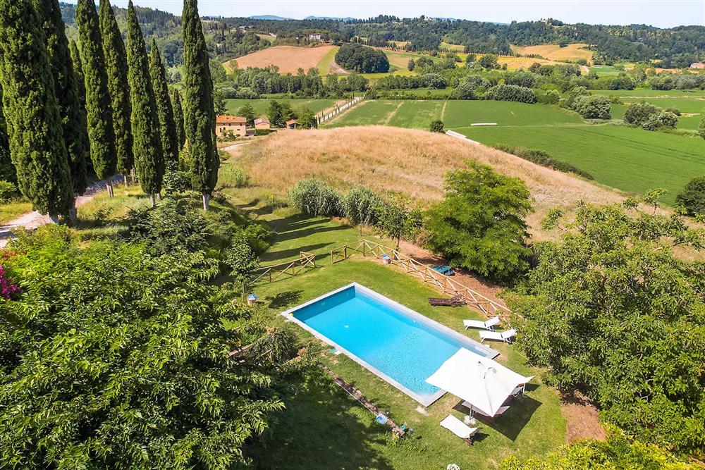 Aerial view, pool, view at Villa Castagneto, Peccioli, Tuscany