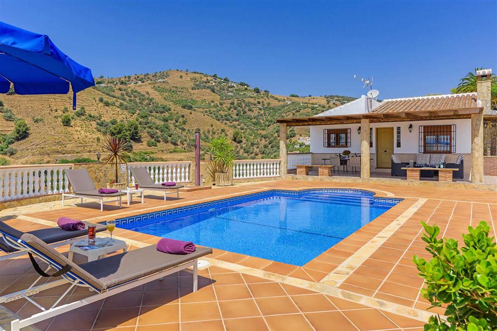 Pool, sunloungers at Villa Cortijo Herrero, Frigiliana, Andalucia