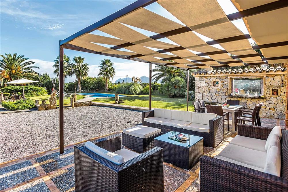 View, alfresco dining, garden at Villa Cosme, Pollensa, Mallorca, Spain