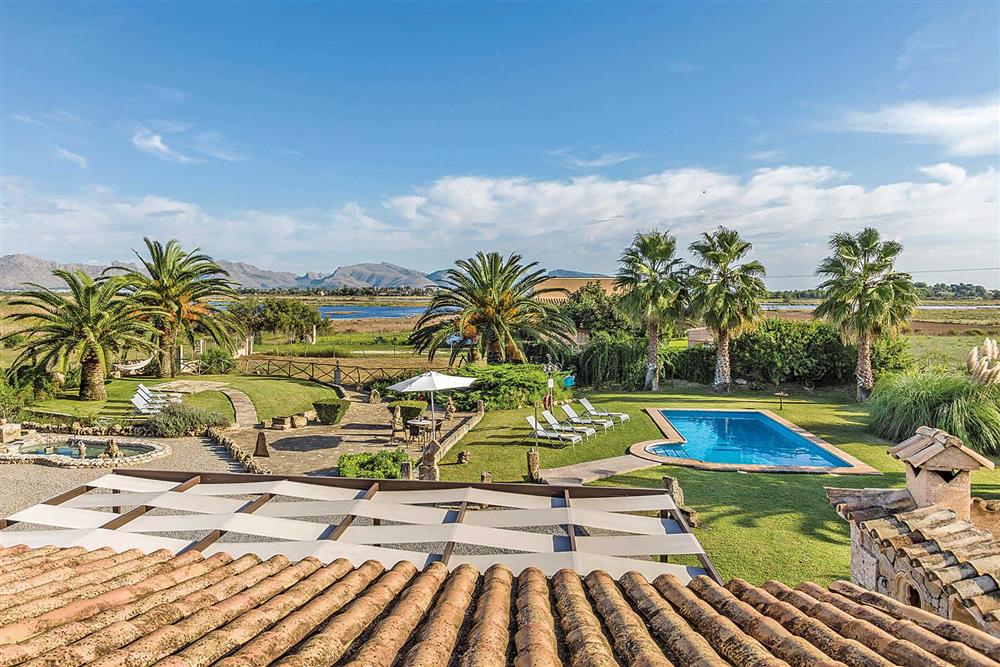 View, garden, pool at Villa Cosme, Pollensa, Mallorca, Spain