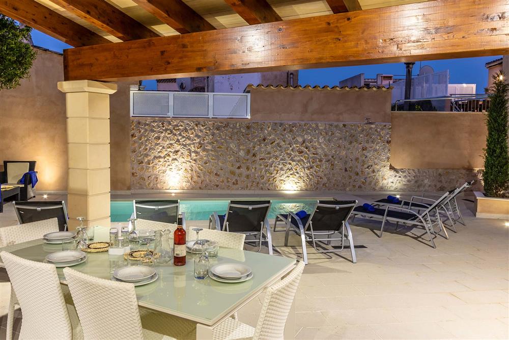 Alfresco dining, covered terrace, pool at Villa Horta 55, Pollensa, Mallorca