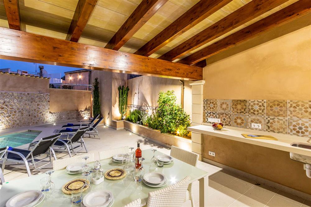 Covered terrace, alfresco dining, pool at Villa Horta 55, Pollensa, Mallorca