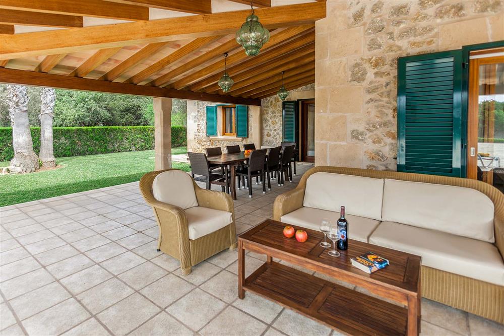 Covered terrace, seating area at Villa Les Oliveres, Puerto Pollensa, Mallorca