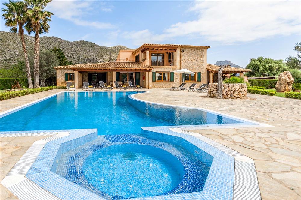 Pool, villa exterior at Villa Les Oliveres, Puerto Pollensa, Mallorca