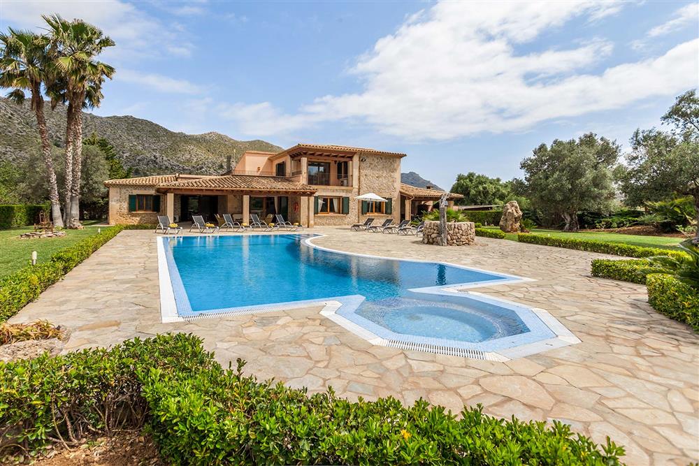 Villa exterior, pool at Villa Les Oliveres, Puerto Pollensa, Mallorca
