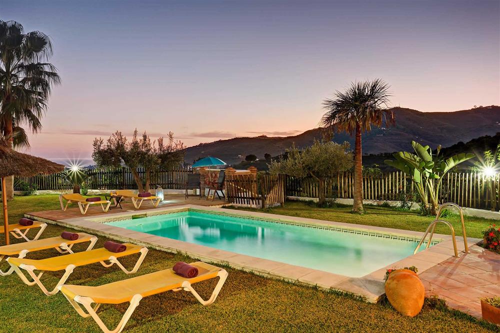 Pool, view, night shot at Villa Paraiso, Frigiliana, Andalucia