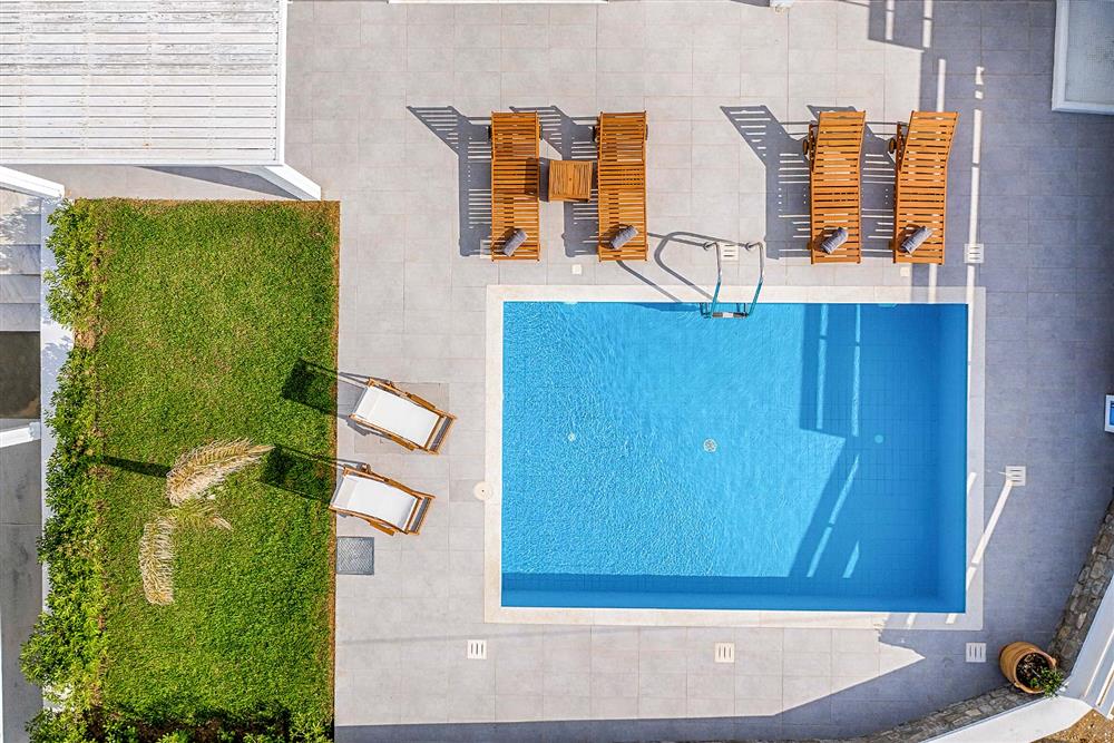 Aerial view, pool, terrace at Villa Sea La Vie, Kiotari, Rhodes