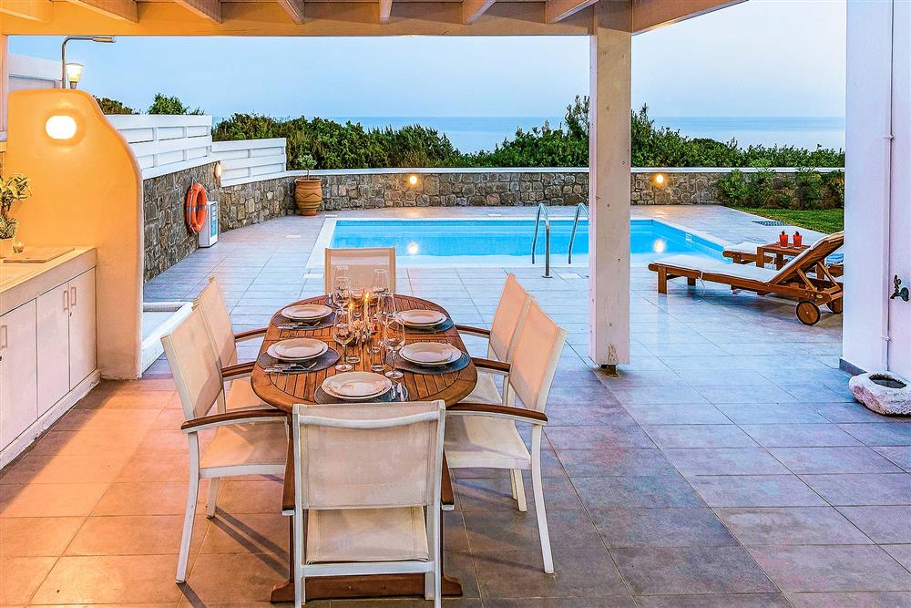 Alfresco dining, covered terrace, barbecue at Villa Sea La Vie, Kiotari, Rhodes