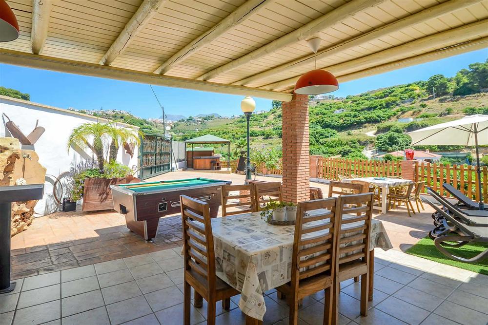 Alfresco dining, covered terrace, pool table at Villa Tinao, Frigiliana, Andalucia