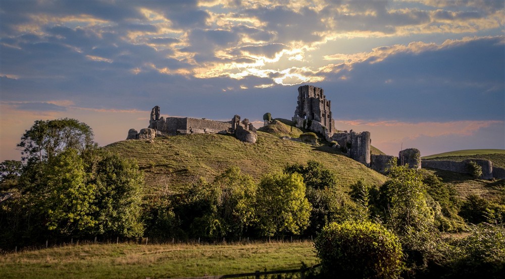 An evening view of Corfe Castle from Vineyard Cottage, Dorset at Vineyard Farm Cottage in Wareham, Dorset