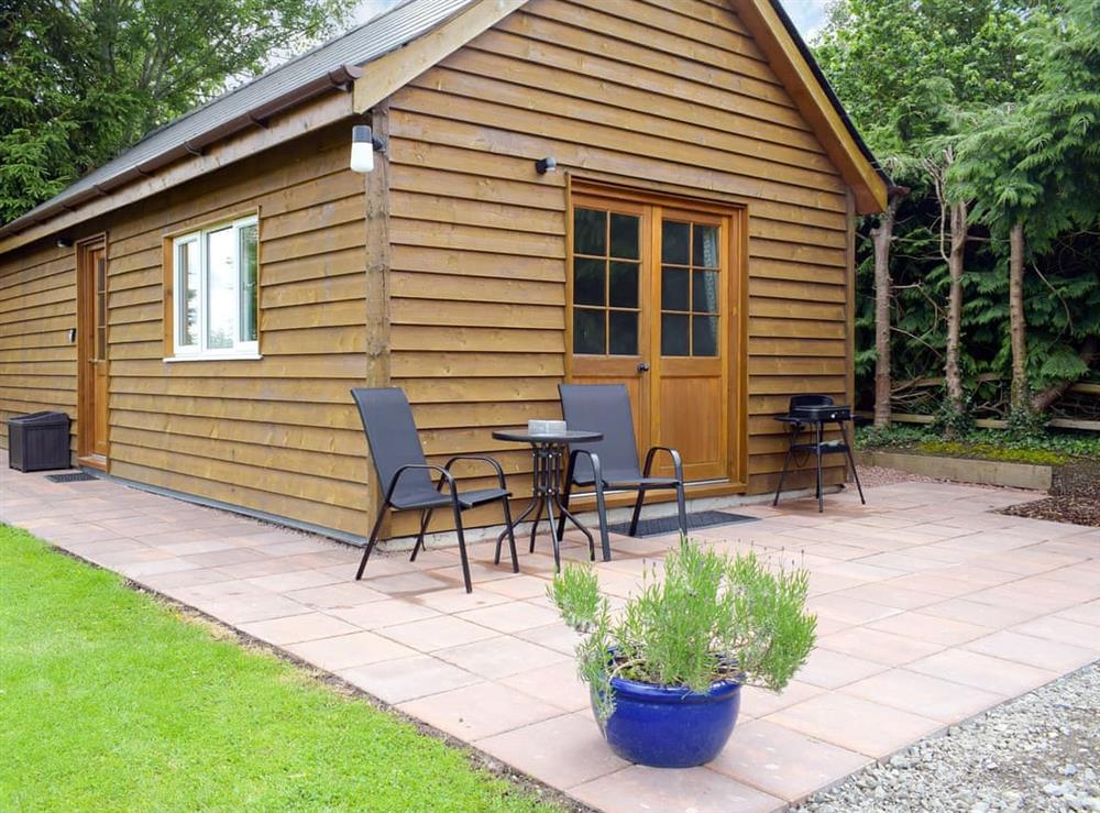 Patio with garden furniture and barbecue at Walkers Lodge in Dormington, near Hereford, Herefordshire