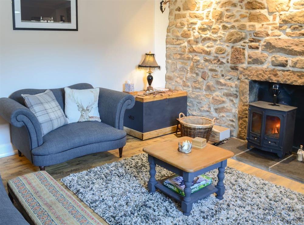 Lovely living room with feature stone wall at Wallace House in Dornoch, near Tain, Sutherland