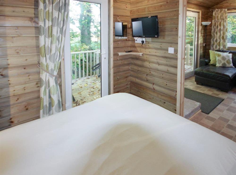 Wall-mounted TV in double bedroom at Treehouse Cabin, 