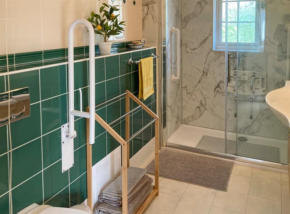 Shower room (drop down shower seat and loo support handle; loo seat riser available on request) at Walnut Cottage in Long Melford, near Sudbury, Suffolk