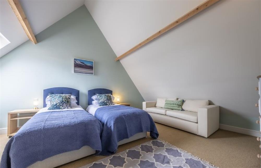 Bedroom two with full-size twin beds at Water Mill House, Burnham Overy Staithe near Kings Lynn