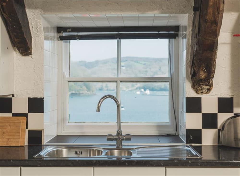 Spectacular sea views from the kitchen window at Waterfront Apartment in Fowey, Cornwall