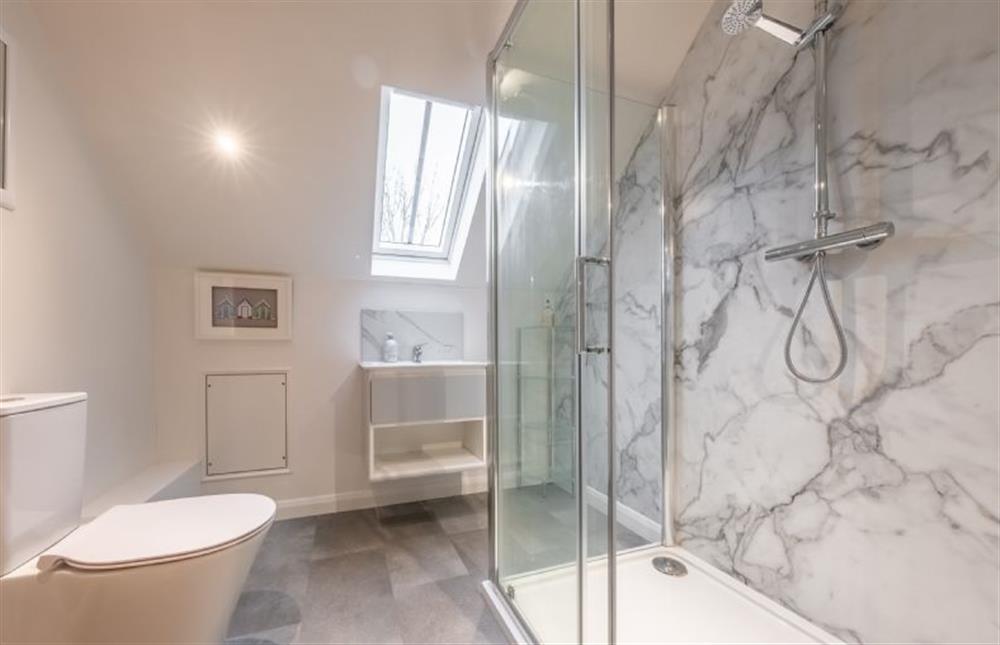 Bathroom for bedroom two with large walk-in shower at Waterside Barn, Binham near Fakenham