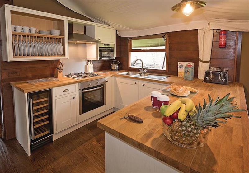 The kitchen in a Safari Tent 3 at Waterside Safari Tents in Weymouth, Dorset
