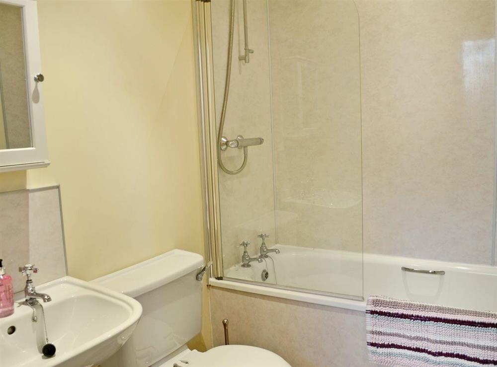 Bathroom with shower over bath and WC at Waulkmill Cottage in Carronbridge near Thornhill, Dumfriesshire
