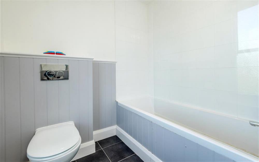 Family Bathroom - bath with shower over, WC & Pedestal Basin at Wayfarings in Thurlestone