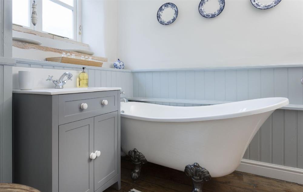 First floor: Bathroom with slipper bath and separate shower (photo 2) at Weavers Cottage, Watledge