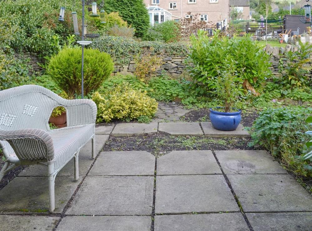 Shared patio and garden area at Weavers Houses in Hayfield, near Glossop, Derbyshire