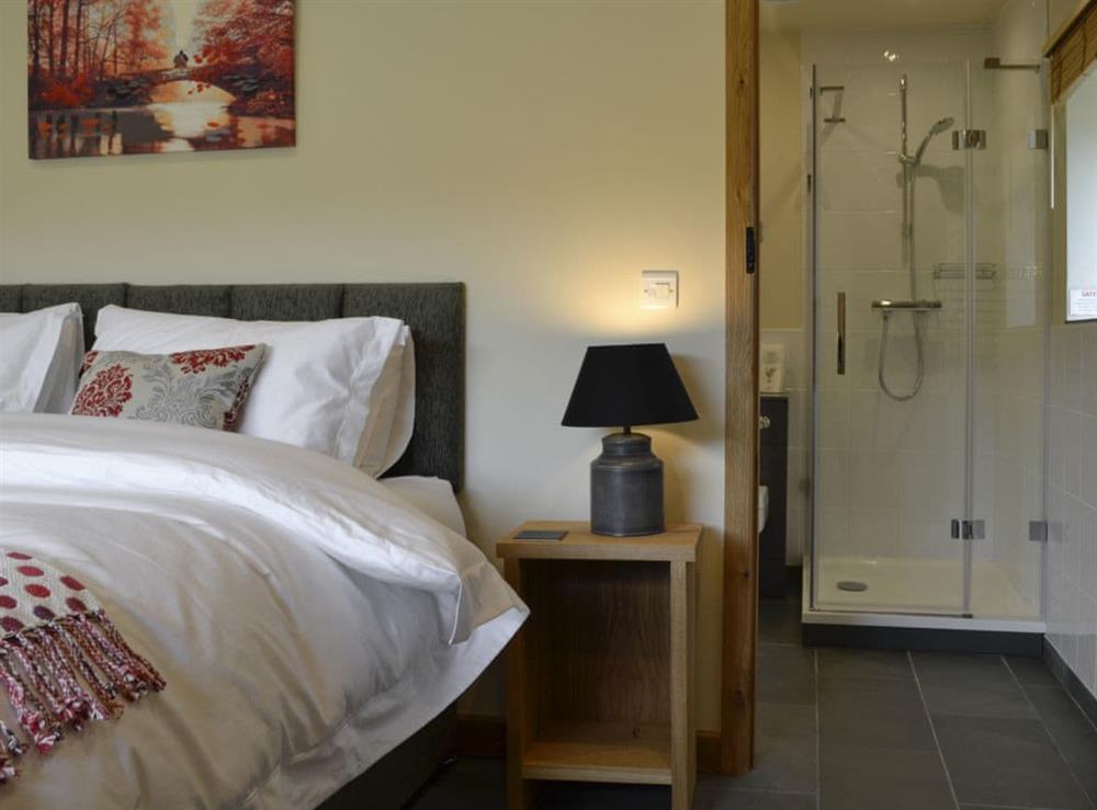 Thoughtfully furnished bedroom with en-suite at Wern Ddu Cottage in Penybontfawr, near Oswestry, Powys