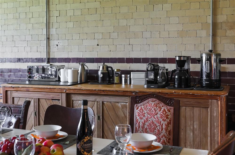Tea and coffee making facilities in the dining room at Wern Manor and Cottages, Porthmadog