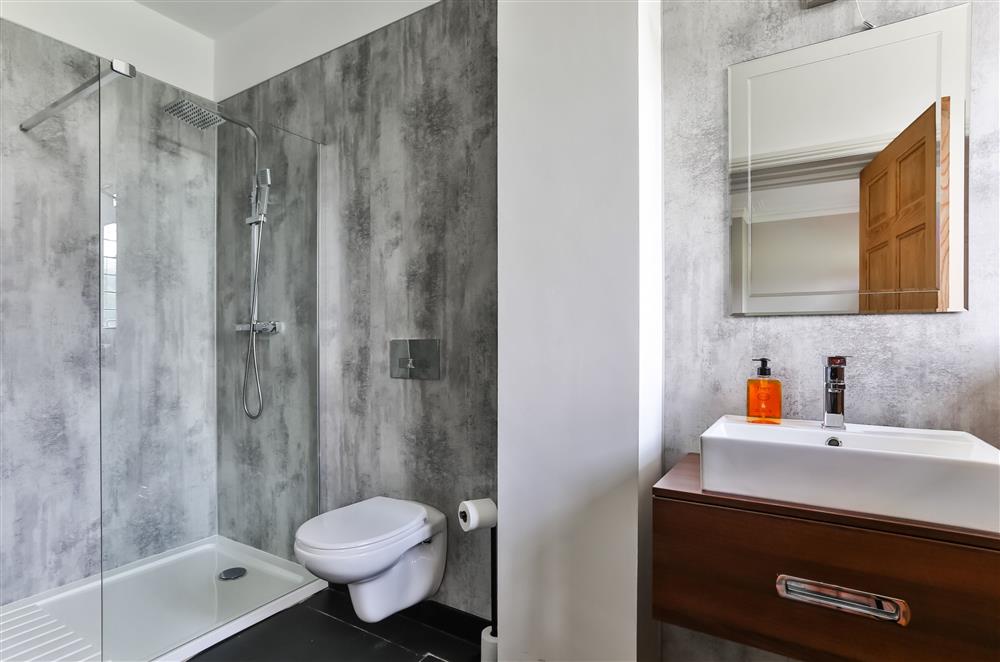 Housekeeper’s bedroom’s en-suite shower room with a walk-in shower at Wern Manor, Porthmadog