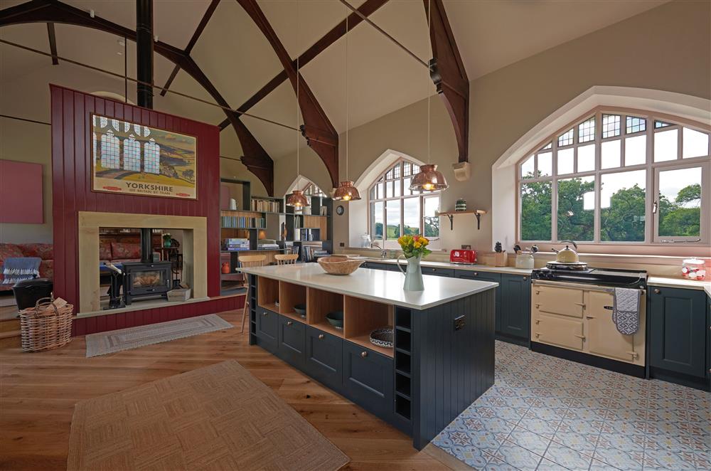 Vast, fully-equipped kitchen with electric Aga and two coffee machines at Wesleyan Chapel, Skipton