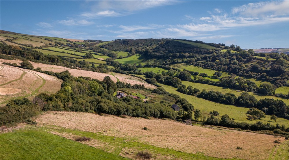 An aerial view of the fields around West Challacombe Bothy, Devon at West Challacombe Manor in West Exmoor, Devon
