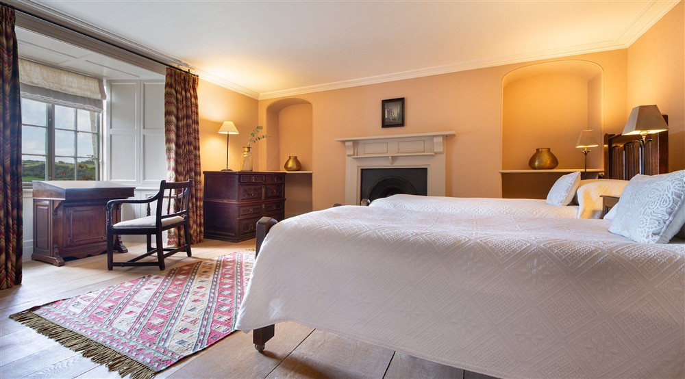 The ground-floor twin bedroom at West Challacombe Manor in West Exmoor, Devon