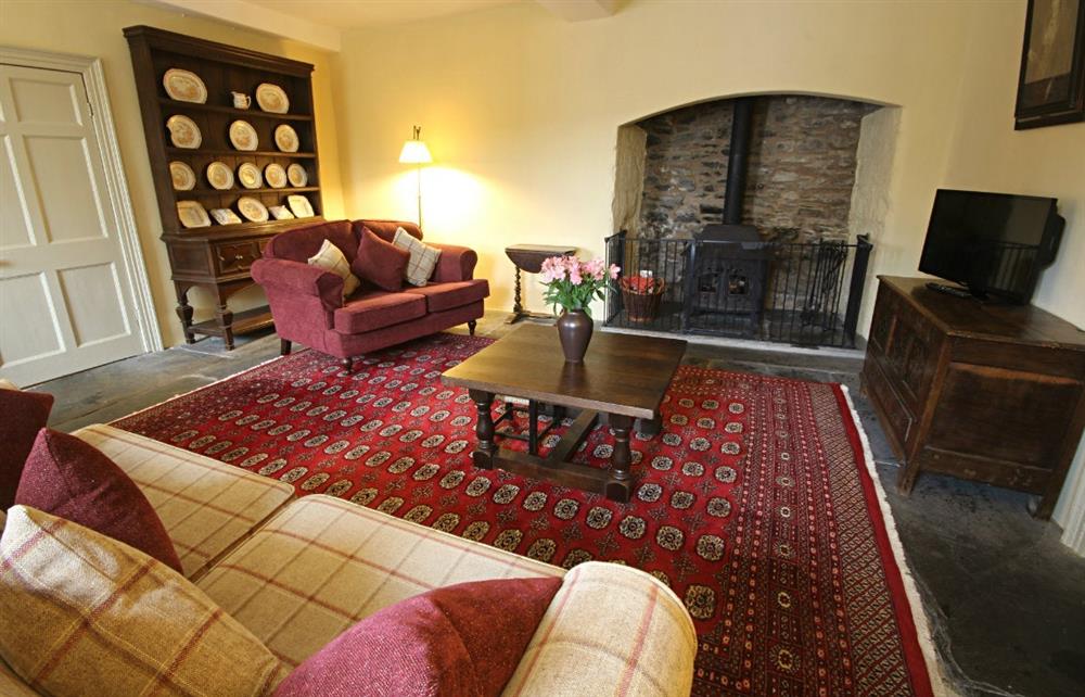 The large downstairs sitting room at West Challacombe Manor in West Exmoor, Devon