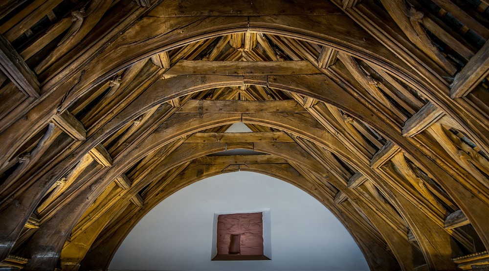 The vaulted, oak hammer beam ceiling in the great hall at West Challacombe Manor in West Exmoor, Devon