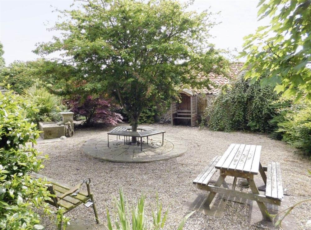 Gravelled patio area within garden at West End Farmhouse in Ulrome, near Bridlington, North Humberside